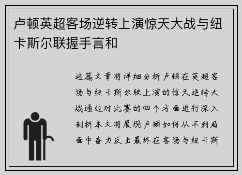 卢顿英超客场逆转上演惊天大战与纽卡斯尔联握手言和 卢顿英超客场逆转上演惊天大战与纽卡斯尔联握手言和