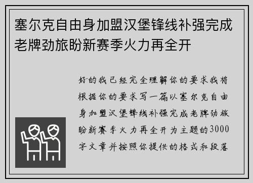 塞尔克自由身加盟汉堡锋线补强完成老牌劲旅盼新赛季火力再全开