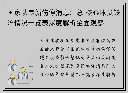 国家队最新伤停消息汇总 核心球员缺阵情况一览表深度解析全面观察